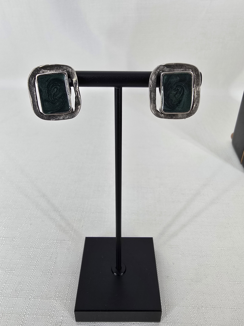 Dark Green Rectangular Stone Silver-Tone Stud Earrings